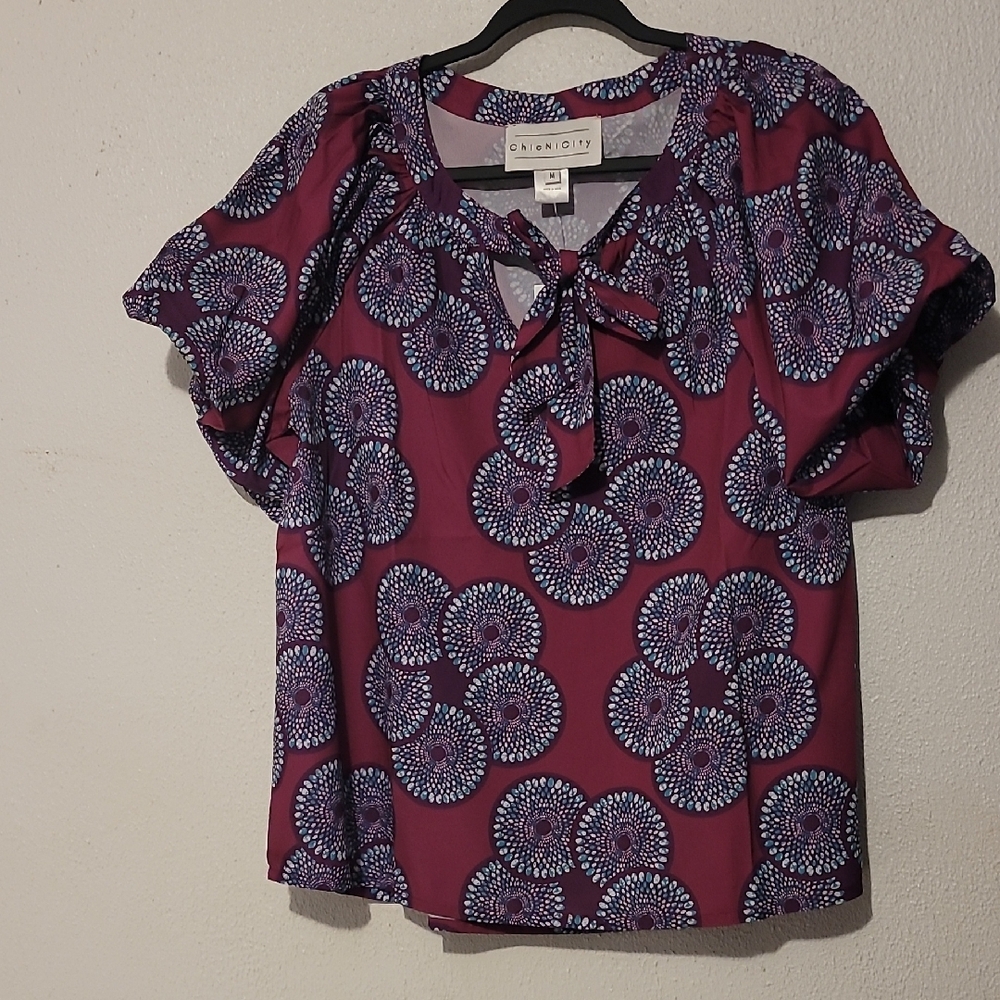 Blue Flutter Sleeve Blouse with Bib Collar and Tie Front